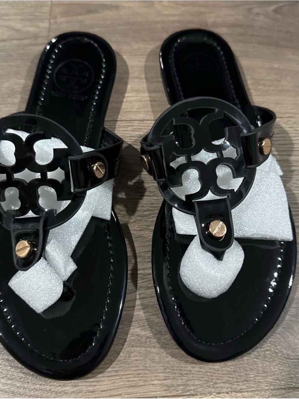 Tory Burch Black Patent Logo Thong Sandals with Gold Accents